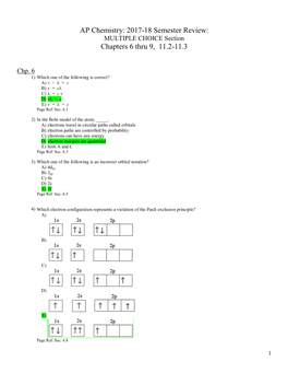 AP Chemistry: 2017-18 Semester Review: Chapters 6 Thru 9, 11.2-11.3