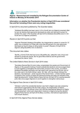 Algeria - Researched and Compiled by the Refugee Documentation Centre of Ireland on Monday 24 November 2014