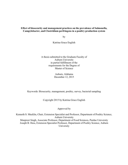 Effect of Biosecurity and Management Practices on the Prevalence of Salmonella, Campylobacter, and Clostridium Perfringens in a Poultry Production System