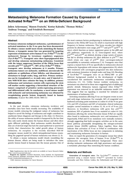 Metastasizing Melanoma Formation Caused by Expression of Activated N-Rasq61k on an Ink4a-Deficient Background