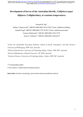 Development of Larvae of the Australian Blowfly, Calliphora Augur (Diptera: Calliphoridae), at Constant Temperatures