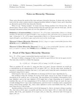 Notes on Hierarchy Theorems 1 Proof of the Space