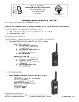 Wireless Radios Requisition Checklist Please Check Your Online Requisition for the Following Items