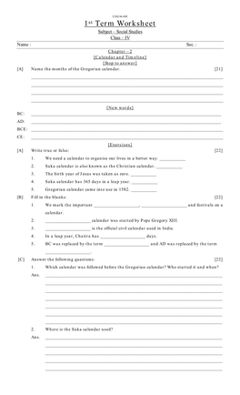 1St Term Worksheet Subject – Social Studies Class – IV Name : Sec