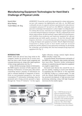 Manufacturing Equipment Technologies for Hard Disk's