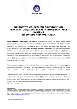 Ubisoft to Co-Publish Oblivion™ on Playstation®3 and Playstation® Portable Systems in Europe and Australia