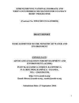 Strengthening National Feedback and Grievance Redress Mechanism for Uganda’S Redd+ Programme