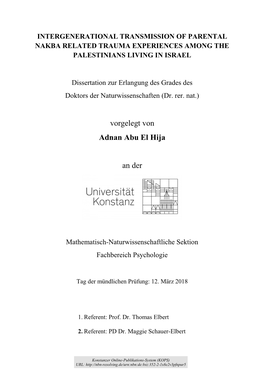 Intergenerational Transmission of Parental Nakba Related Trauma Experiences Among the Palestinans Living in Israel