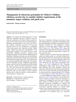 (Melitaea Aurelia) Has to Consider Habitat Requirements of the Immature Stages, Isolation, and Patch Area