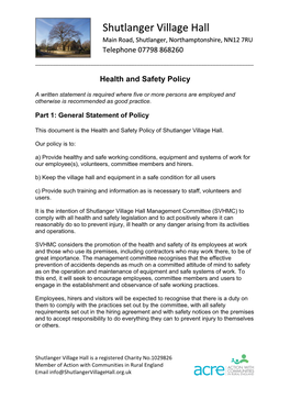 Shutlanger Village Hall Health and Safety Policy January 3, 2021