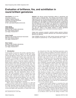 Evaluation of Brilliance, Fire, and Scintillation in Round Brilliant