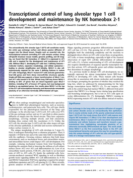 Transcriptional Control of Lung Alveolar Type 1 Cell Development and Maintenance by NK Homeobox 2-1