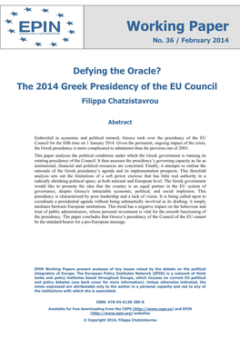 Defying the Oracle? the 2014 Greek Presidency of the EU Council Filippa Chatzistavrou