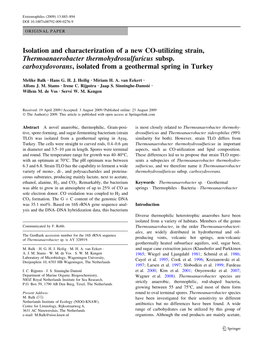 Isolation and Characterization of a New CO-Utilizing Strain, Thermoanaerobacter Thermohydrosulfuricus Subsp