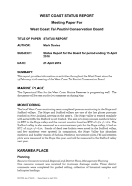 WEST COAST STATUS REPORT Meeting Paper for West Coast Tai Poutini Conservation Board