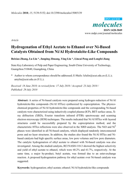 Hydrogenation of Ethyl Acetate to Ethanol Over Ni-Based Catalysts Obtained from Ni/Al Hydrotalcite-Like Compounds