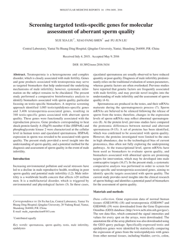 Screening Targeted Testis‑Specific Genes for Molecular Assessment of Aberrant Sperm Quality