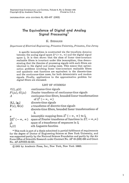 The Equivalence of Digital and Analog Signal Processing *