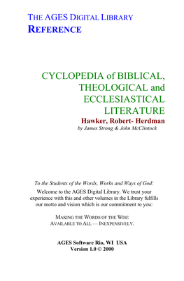 CYCLOPEDIA of BIBLICAL, THEOLOGICAL and ECCLESIASTICAL LITERATURE Hawker, Robert- Herdman by James Strong & John Mcclintock