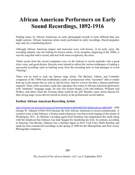 African American Performers on Early Sound Recordings, 1892-1916