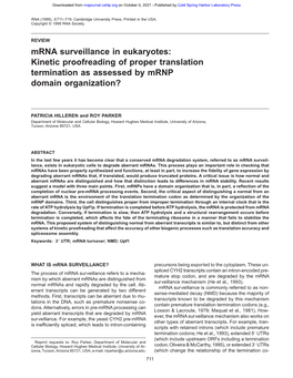 Mrna Surveillance in Eukaryotes: Kinetic Proofreading of Proper Translation Termination As Assessed by Mrnp Domain Organization?