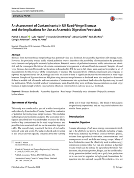 An Assessment of Contaminants in UK Road-Verge Biomass and the Implications for Use As Anaerobic Digestion Feedstock