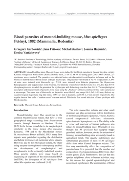 Blood Parasites of Mound-Building Mouse, Mus Spicilegus Petényi, 1882 (Mammalia, Rodentia)