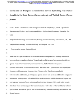 Species and Sex Divergence in Vocalizations Between Hybridizing Role-Reversed Shorebirds, Northern Jacana