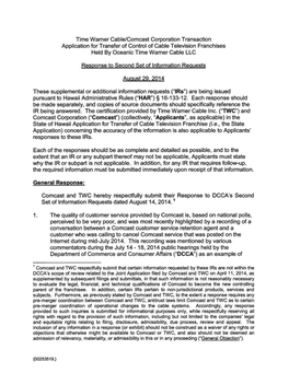 Time Warner Cable/Comcast Corporation Transaction Application for Transfer of Control of Cable Television Franchises Held by Oceanic Time Warner Cable LLC