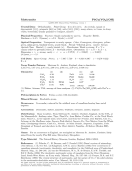 Mottramite Pbcu(VO4)(OH) C 2001-2005 Mineral Data Publishing, Version 1 Crystal Data: Orthorhombic