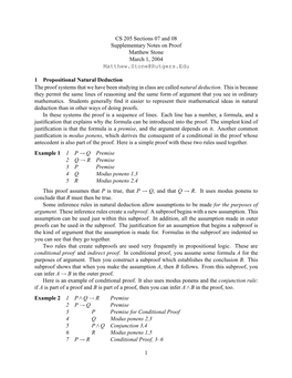 CS 205 Sections 07 and 08 Supplementary Notes on Proof Matthew Stone March 1, 2004 Matthew.Stone@Rutgers.Edu