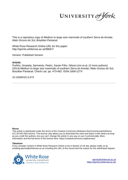 Medium to Large Size Mammals of Southern Serra Do Amolar, Mato Grosso Do Sul, Brazilian Pantanal
