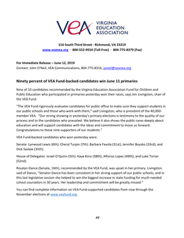Ninety Percent of VEA Fund-Backed Candidates Win June 11 Primaries
