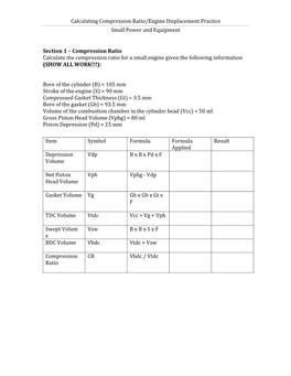 Calculating Compression Ratio/Engine Displacement Practice Small Power and Equipment Secti