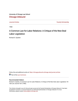 A Common Law for Labor Relations: a Critique of the New Deal Labor Legislation