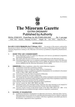 The Mizoram Gazette EXTRA ORDINARY Published by Authority RNI No