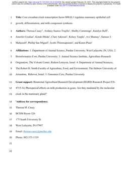 Core Circadian Clock Transcription Factor BMAL1 Regulates Mammary Epithelial Cell