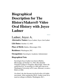 Biographical Description for the Historymakers® Video Oral History with Joyce Ladner