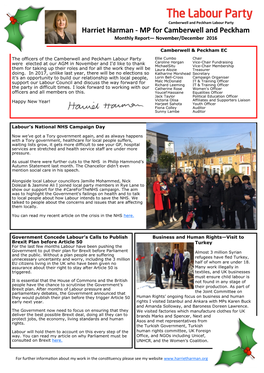 Harriet Harman - MP for Camberwell and Peckham Monthly Report— November/December 2016