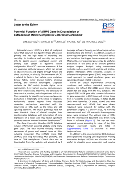 Letter to the Editor Potential Function of MMP3 Gene in Degradation Of