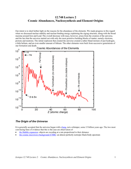 12.748 Lecture 2 Cosmic Abundances, Nucleosynthesis and Element Origins