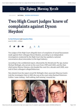 Dyson Heydon Allegations Known to High Court Judges Michael Mchugh and Murray Gleeson 10/8/20, 3�32 Pm