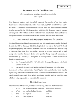 Request to Encode Tamil Fractions §1. Tamil Numerals and Fractions to Be