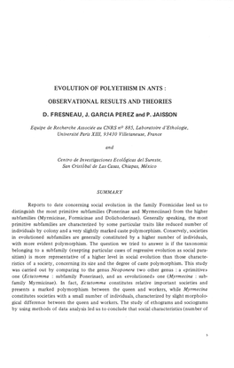 Evolution of Polyethism in Ants Observational Results