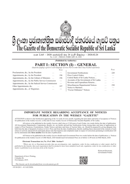 The Gazette of the Democratic Socialist Republic of Sri Lanka Wxl 2"165 – 2020 Fmnrjdß Ui 28 Jeks Isl=Rdod – 2020'02'28 No
