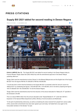 PRESS CITATIONS Supply Bill 2021 Tabled for Second Reading in Dewan Negara