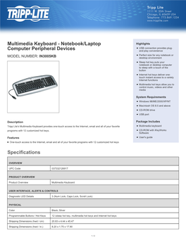 Specifications Multimedia Keyboard