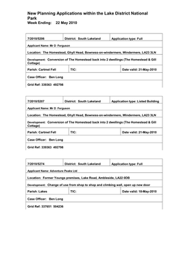 New Planning Applications Within the Lake District National Park Week Ending: 22 May 2010