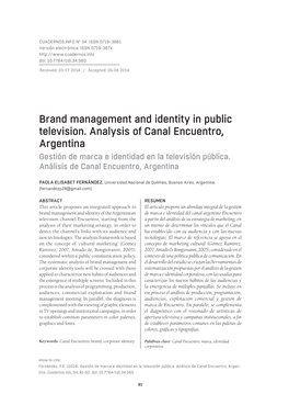 Brand Management and Identity in Public Television. Analysis of Canal Encuentro, Argentina Gestión De Marca E Identidad En La Televisión Pública