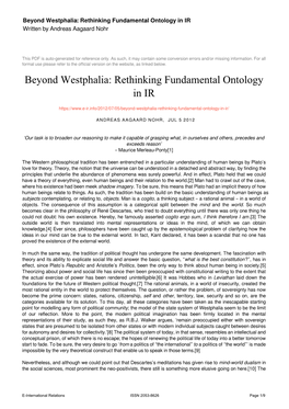 Beyond Westphalia: Rethinking Fundamental Ontology in IR Written by Andreas Aagaard Nohr